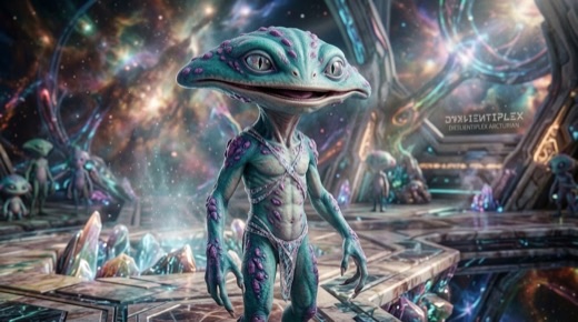 Un Arcturien : petit être à la peau turquoise, mélange de gastéropode et de dauphin, aux grands yeux noirs.