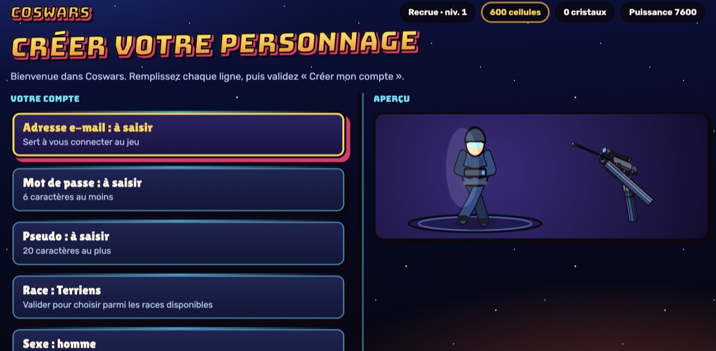 L’écran « Créer votre personnage » : à gauche, Adresse e-mail, Mot de passe, Pseudo, Race Terriens, Sexe homme ; à droite, l’aperçu d’un soldat terrien en armure bleue qui marche sur un socle, à côté d’un fusil de précision en 3D.