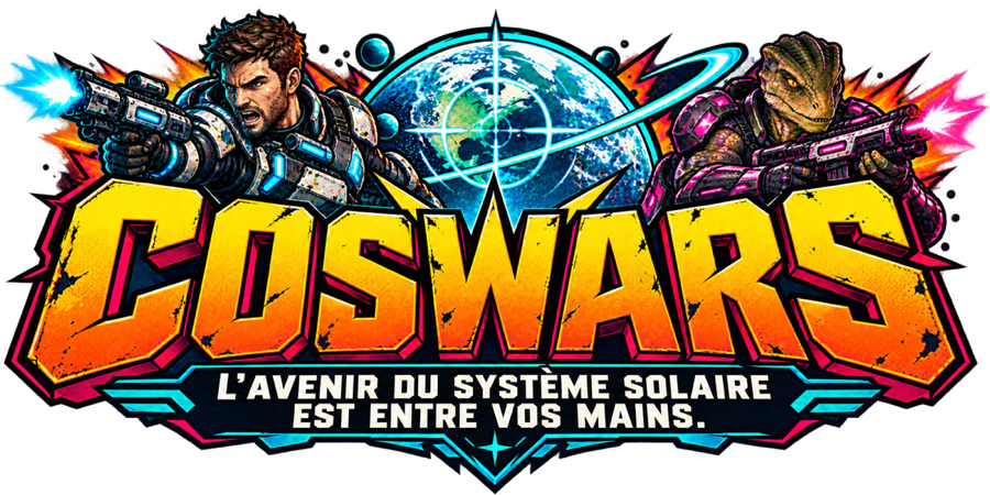 Logo de Coswars : le mot COSWARS en grandes lettres jaunes et orange cernées de noir, entre un soldat terrien en armure bleue et un guerrier reptilien draco en armure rose, tous deux armés, devant la Terre dans un viseur. En dessous : l’avenir du système solaire est entre vos mains.