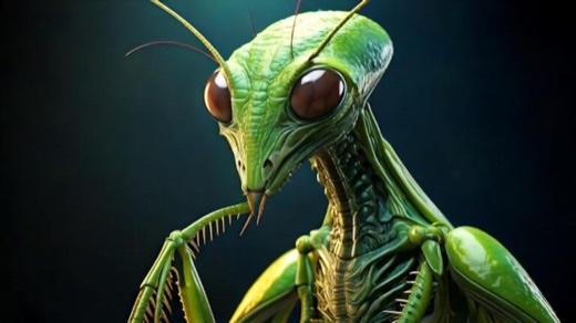 Une Mentis : créature insectoïde verte, semblable à une mante religieuse, aux grands yeux et aux longues antennes.