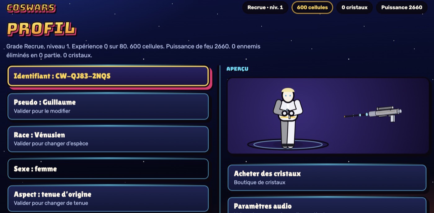 L’écran Profil : à gauche l’identifiant, le pseudo, la race Vénusien, le sexe et l’aspect ; à droite un aperçu où une Vénusienne en combinaison blanche marche sur un socle lumineux, à côté de son fusil de précision dessiné en 3D.